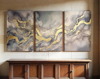 Gold and Gray Triptych Canvas Print, 3 Panel Moody Abstract Wall Art Modern