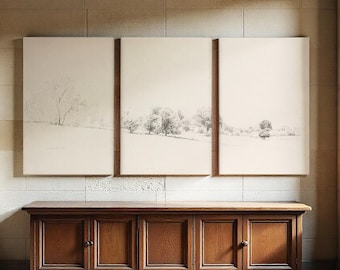 3 Panel Set Landscape Triptych Canvas, Panoramic Sketch Art, Farmhouse Art