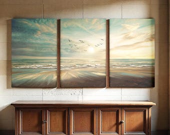 Extra Large Sunset Beach Handmade 3 Panel Canvas Set, Triptych Coastal Seascape Wall Art