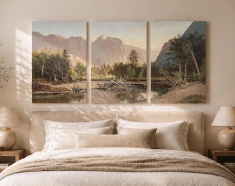 Western Valley Triptych Canvas Fine Art, 3 Panel Vintage Landscape Wall Art