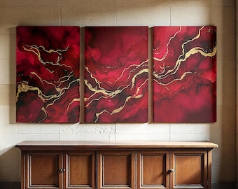 Red and Gold Triptych Canvas Print, 3 Panel Luxury Abstract Wall Art Modern