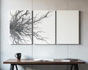 Black and White Branches Triptych Canvas, 3 Panel Minimalist Wall Art Decor