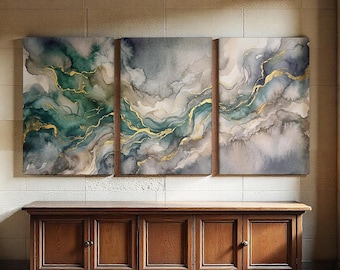 Extra Large Teal and Gold 3 Panel Handmade Canvas Set, Moody Abstract Wall Art