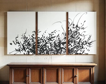 Ink Splash Triptych Canvas Print, 3 Panel Black and White Modern Wall Art