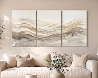 Large Earthy Neutral 3 Panel Canvas Print, Boho Abstract Wall Art