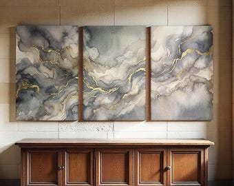 Abstract Gold Marble Triptych Canvas Print, 3 Panel Wall Art for Living Room