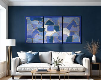 3 Panel Wide Abstract Blue Canvas Wall Art, Panoramic Triptych Modern Abstract Paul Klee
