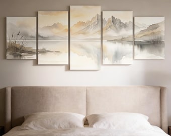 5 Panel Mountain Canvas, Watercolor Lake Landscape Wall Art, Neutral Bedroom Decor