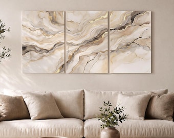 Cream and Gold Marble Triptych Canvas, 3 Panel Abstract Wall Art for Living Room