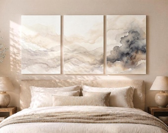 Watercolor Misty Mountain 3 Panel Canvas Print, Triptych Landscape Wall Art
