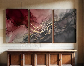 Pink and Gold Triptych Canvas Print, 3 Panel Modern Abstract Wall Art Decor