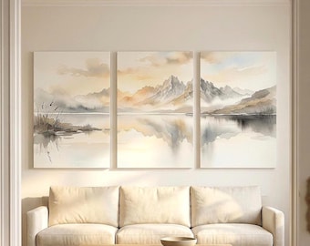 Extra Large Watercolor Mountain 3 Panel Canvas Set, Triptych Living Room Wall Art