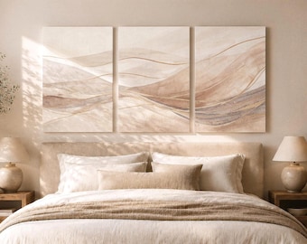 Neutral Abstract Boho Triptych Canvas Print, 3 Panel Dunes Wall Art Decor