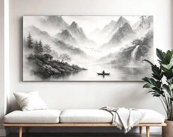 Ink Wash Landscape Canvas, Wide Panoramic, Black White Sumi-e Decor