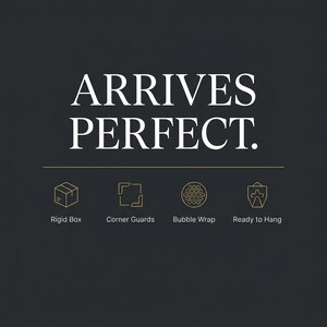 May include: A dark gray graphic with the white text ARRIVES PERFECT. Below the text, four gold line-art icons are displayed with labels: a cube labeled Rigid Box, corner brackets labeled Corner Guards, a circle of dots labeled Bubble Wrap, and a shield icon labeled Ready to Hang.
