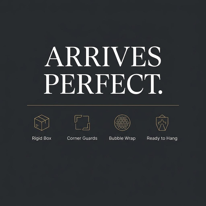 May include: A dark gray graphic with the white text ARRIVES PERFECT. Below the text, four gold line-art icons are displayed with labels: a cube labeled Rigid Box, corner brackets labeled Corner Guards, a circle of dots labeled Bubble Wrap, and a shield icon labeled Ready to Hang.