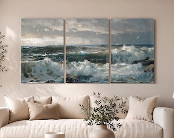 Crashing Waves Triptych Canvas Print, 3 Panel Ocean Coastal Wall Art Decor