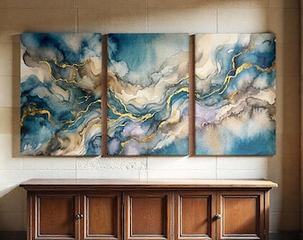 Navy Blue and Gold Triptych Canvas, 3 Panel Luxury Abstract Wall Art Modern