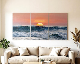 Ocean Sunset Triptych Canvas Print, 3 Panel Coastal Seascape Wall Art Decor