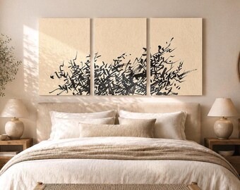 Calligraphy Triptych Canvas Set, 3 Panel Abstract Ink Wall Art Modern Decor