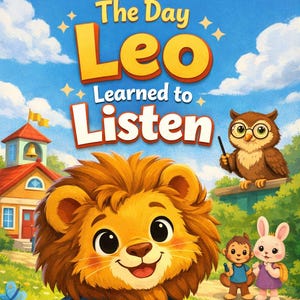 May include: A colourful children's book cover illustration titled "The Day Leo Learned to Listen." It depicts a smiling lion cub with a backpack, an owl, and other animal friends. The background shows a schoolhouse and a sunny sky.