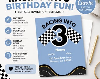 Race Car Birthday Invitation Template, Editable Canva Invite (Digital Download)