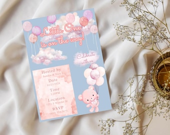 Pink Teddy Bear Baby Shower Invitation, Watercolor Balloons, Editable Template (Digital Download)