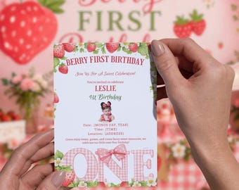 Berry First Birthday Invitation Template | Strawberry Sweet One Party (Digital Download)