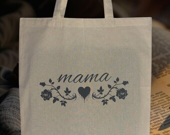 Floral Mama Canvas Tote Bag, Handmade Reusable Shopping Bag (15" x 16")
