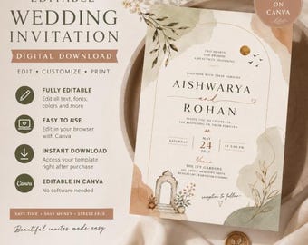 Boho Arch Wedding Invitation Template, Modern Neutral Editable Canva Invite (Digital Download)