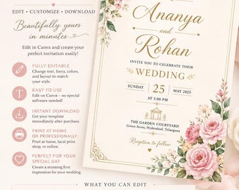 Romantic Floral Wedding Invitation Template, Blush Pink Gold Canva Design (Instant Download)