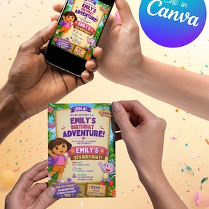 May include: A digital and physical birthday invitation card featuring Dora the Explorer and Boots the monkey. The design includes jungle foliage, flowers, and text reading Emily's Birthday Adventure, 5th Birthday, date, time, location, and RSVP details.