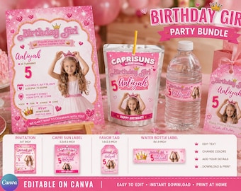 Princess Birthday Party Bundle, Editable Canva Invitation, Labels, Tags (Digital Download)