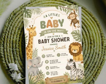 Safari Baby Shower Invitation | Watercolor Jungle Animals, Neutral Theme (Digital Download)