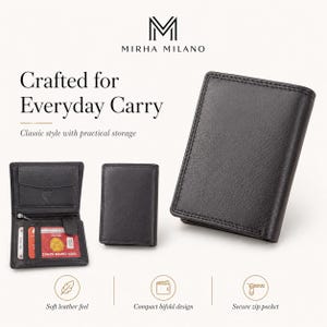 Könnte beinhalten: Schwarzes Lederportemonnaie mit dem Text "Crafted for Everyday Carry" und "MIRHA MILANO". Das Portemonnaie wird geschlossen, offen und von der Seite gezeigt. Merkmale sind eine sichere Reißverschlusstasche und ein kompaktes Design.