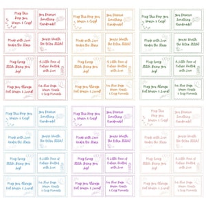 May include: A collection of rectangular paper tags arranged in ten color-coded sets, each featuring four distinct designs with phrases like May This Keep You Warm & Cozy, You Deserve Something Handmade, Made with Love, and May You Always Feel Warm & Loved.