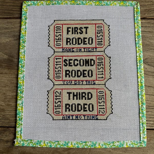 Rodeobiljetter Nålstickad canvas | Western Needlepoint-design | Vintage rodeokonst | Cowboydekor | Handmålad canvas