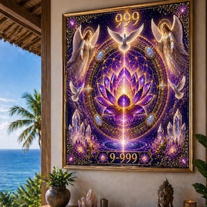 Könnte beinhalten: Ein gerahmtes Kunstwerk mit goldenem Rand, das ein zentrales Lotusblumen-Design in Lila und Gold zeigt. Engel, Tauben und die Zahl "999" sind dargestellt. Das Kunstwerk wird in einem Raum mit Blick auf das Meer ausgestellt.