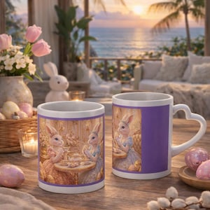 Könnte beinhalten: Zwei weiße Keramikbecher mit einem lila Band und einem herzförmigen Griff. Die Becher zeigen eine detaillierte Illustration von Kaninchen in Vintage-Kleidung bei einer Teeparty. Ostereier und eine Hasenfigur sind ebenfalls zu sehen.