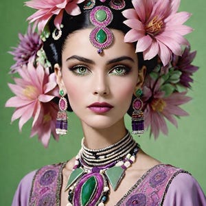 Könnte beinhalten: Eine Frau mit grünen Augen und dunklem Haar, geschmückt mit rosa und lila Blumen. Sie trägt aufwendigen Schmuck, darunter eine Halskette mit einem großen grünen Stein und passenden Ohrringen. Ihr Make-up ist dramatisch, mit rosa Lippenstift und Lidschatten.