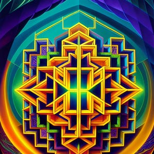 Könnte beinhalten: Abstrakte geometrische Kunst mit einer zentralen, mehrschichtigen Struktur in Gold, Orange, Blau und Grün. Das Design hat ein symmetrisches, sternförmiges Aussehen, vor einem Hintergrund aus wirbelnden Türkis-, Lila- und Orangetönen. Das Kunstwerk erzeugt Tiefe und Komplexität.