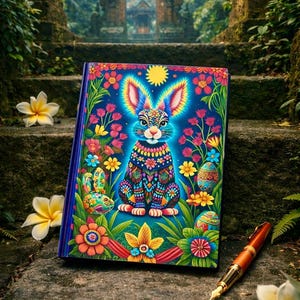 Könnte beinhalten: Ein farbenfrohes Notizbuch mit einem Kaninchen-Design, umgeben von Blumen und Ostereiern. Das Notizbuch liegt auf Steinstufen, mit einem Stift und Blumen. Die Kunst ist detailliert und lebendig. Die Szene spielt in einer üppigen, natürlichen Umgebung.
