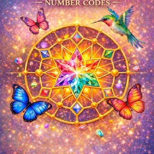 Könnte beinhalten: Buchcover mit dem Titel "Rich & Famous Number Codes" mit einem lebendigen Design. Es zeigt ein zentrales sternförmiges Juwel, umgeben von einem goldenen Rahmen, bunten Schmetterlingen und einem Kolibri. Der Hintergrund ist ein funkelnder, lila-goldener Farbverlauf.