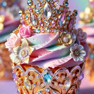 Könnte beinhalten: Ein Cupcake mit pastellfarbenem Zuckerguss, verziert mit einer juwelenbesetzten Goldkrone und dekorativen Goldfiligranen. Der Cupcake ist mit rosa Rosen und goldenen floralen Akzenten verziert und schafft ein luxuriöses Dessert.