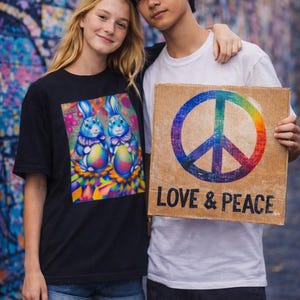Op de afbeelding: Twee mensen staan samen, een draagt een zwart t-shirt met een kleurrijke konijnenafbeelding en de ander houdt een kartonnen bord vast met een vredesteken en de woorden "LOVE & PEACE". Het vredesteken op het bord heeft een regenboogverloop.