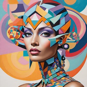 Könnte beinhalten: Abstraktes Porträt einer Frau mit auffälligem Make-up und geometrischem Kopfschmuck. Das Kunstwerk verwendet eine lebendige Palette aus Blau-, Orange-, Lila- und Gelbtönen. Die Lippen der Frau sind tiefrot und ihre Augen sind mit violettem Lidschatten betont.