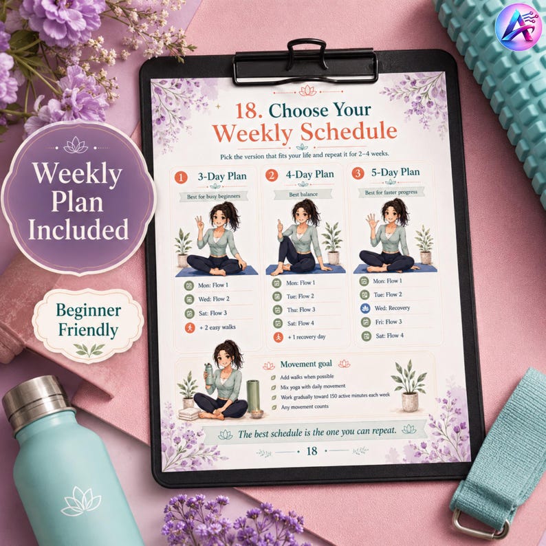 May include: A clipboard with a weekly yoga schedule, featuring illustrations of yoga poses and text. The schedule includes 3, 4, and 5-day plans, with the text "Choose Your Weekly Schedule." A water bottle and yoga mat are also visible.