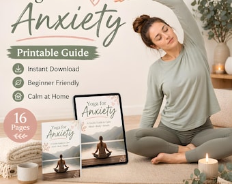 Yoga för ångest, utskrivbar PDF-guide, nybörjarvänlig, mjuk yoga, 20-minuters stresslindring, digital nedladdning
