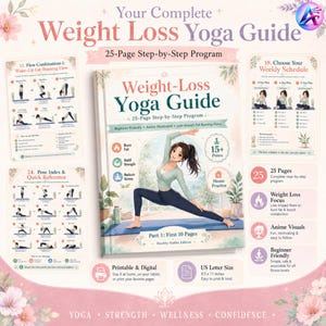 May include: A weight loss yoga guide with a 25-page step-by-step program. The cover features an anime-style illustration of a woman in a yoga pose. Includes printable and digital options, US letter size 8.5 x 11 inches.
