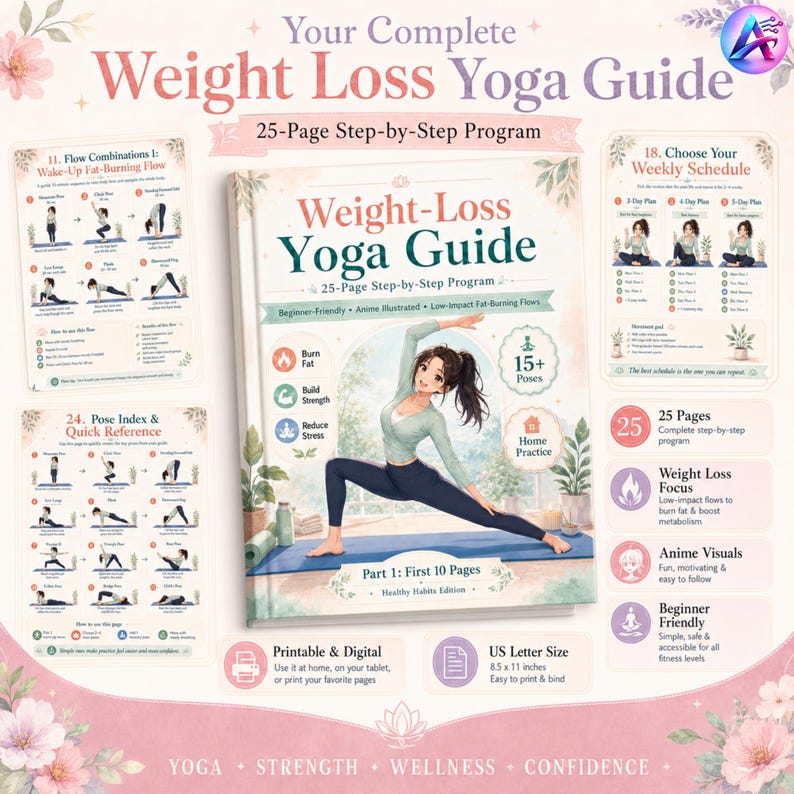 May include: A weight loss yoga guide with a 25-page step-by-step program. The cover features an anime-style illustration of a woman in a yoga pose. Includes printable and digital options, US letter size 8.5 x 11 inches.
